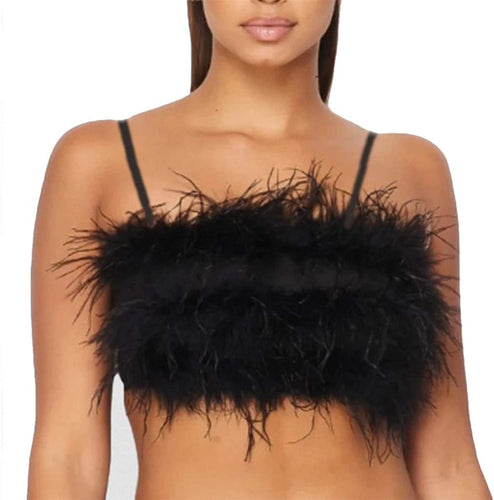 Black Faux Fur Feather Tube Spaghetti Straps