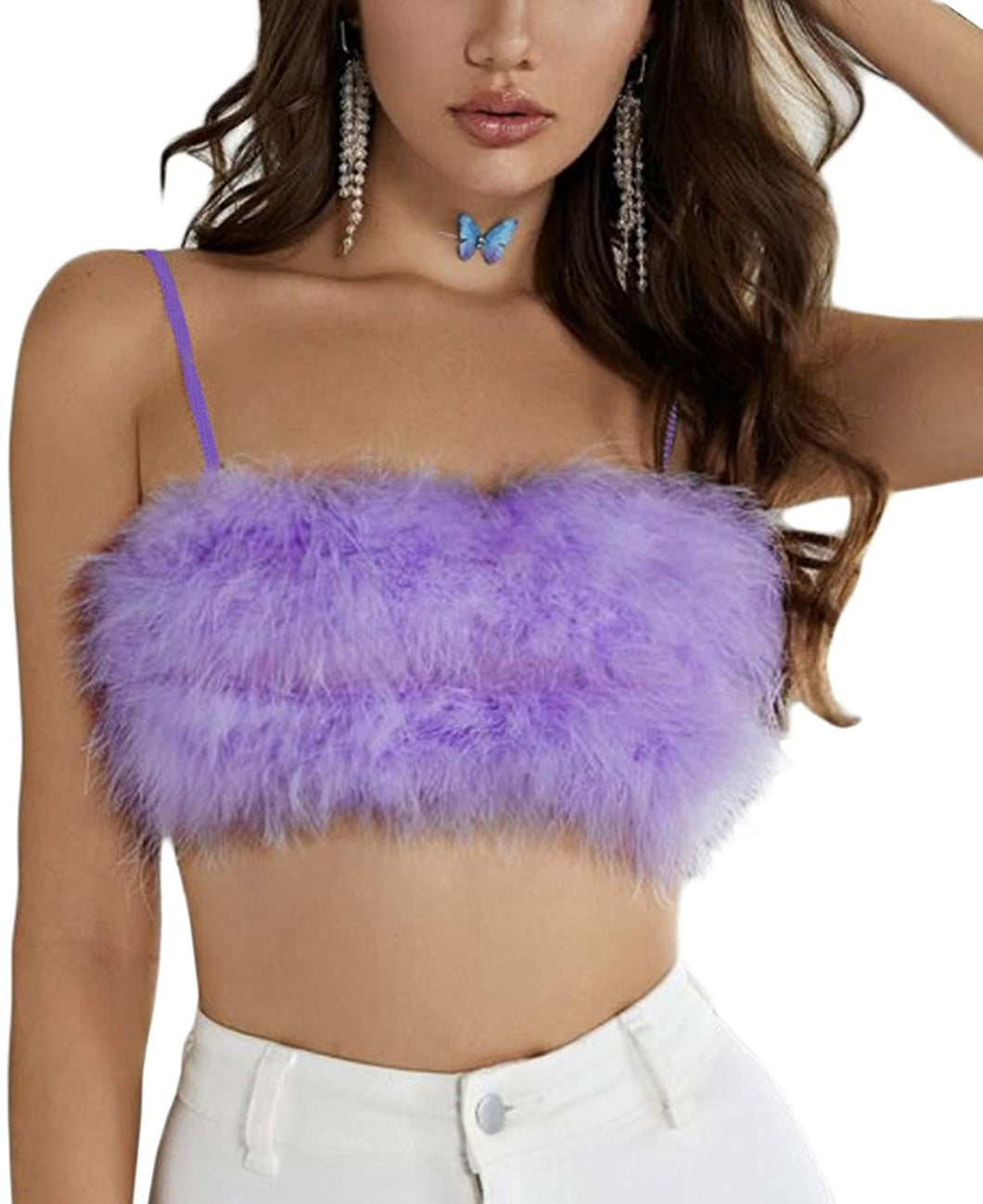 Shirt Alert Purple Faux Fur Feather Tube Spaghetti Straps