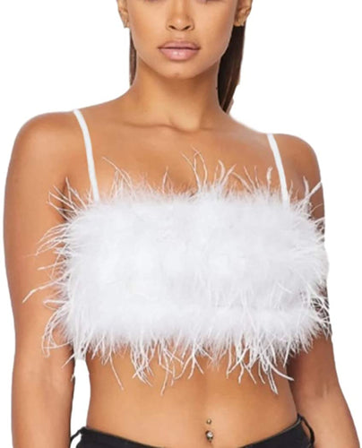 Shirt Alert White Faux Fur Feather Tube Spaghetti Straps