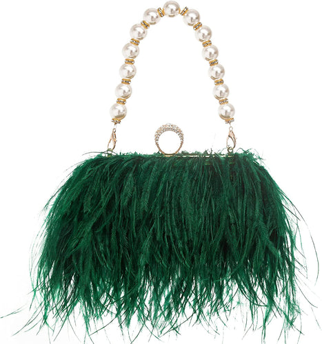 Natural Darkgreen Ostrich Feather Vintage Banquet Bag