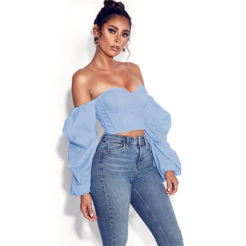 Off Shoulder Long Puff Sleeve Elegant Autumn Blouse