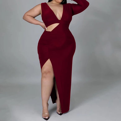 Stylish Red Plus Size High Split Cutout Long Dress