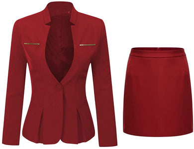 Women's Office Style Red 2pc Business Blazer & Skirt Suit Set
