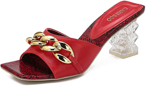 Chain Detail Red Square Toe Lucite Chunky Heel Sandals