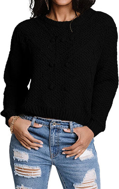 Crew Neck Black Chunky Knit Pullover Long Sleeve Sweater