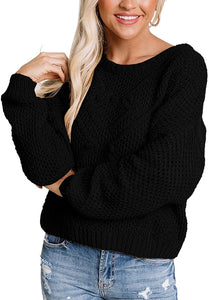 Crew Neck Black Chunky Knit Pullover Long Sleeve Sweater