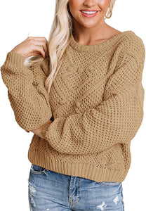 Crew Neck Khaki Chunky Knit Pullover Long Sleeve Sweater