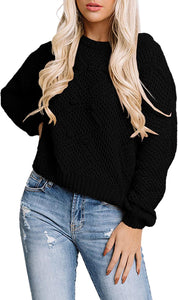 Crew Neck Black Chunky Knit Pullover Long Sleeve Sweater