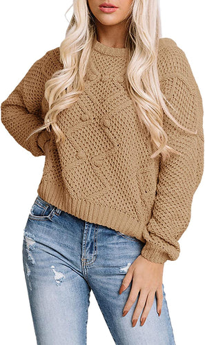 Crew Neck Khaki Chunky Knit Pullover Long Sleeve Sweater