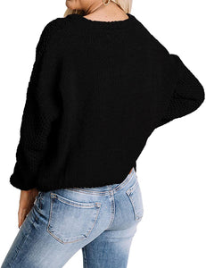 Crew Neck Black Chunky Knit Pullover Long Sleeve Sweater