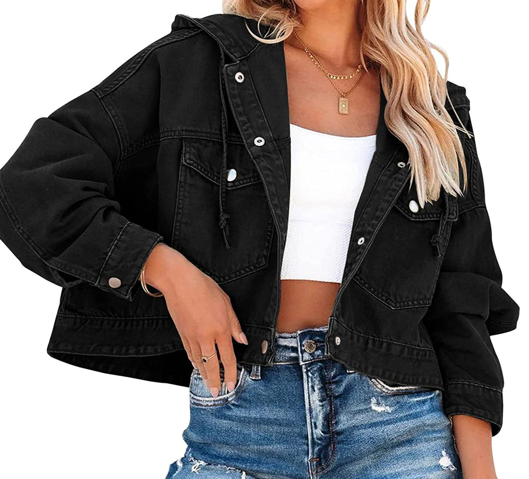 Oversized Black Denim Long Sleeve Hoodie Jacket with Pockets