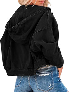 Oversized Black Denim Long Sleeve Hoodie Jacket with Pockets
