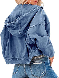 Oversized Blue Denim Long Sleeve Hoodie Jacket with Pockets
