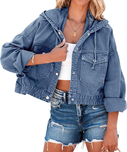 Oversized Blue Denim Long Sleeve Hoodie Jacket with Pockets