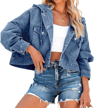 Load image into Gallery viewer, Oversized Blue Denim Long Sleeve Hoodie Jacket with Pockets