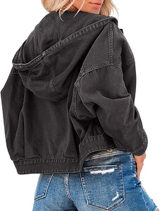 Oversized Grey Denim Long Sleeve Hoodie Jacket with Pockets
