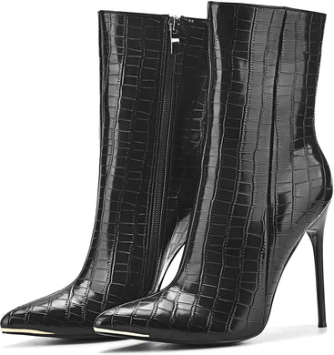 Fashion Patent Leather PU Stiletto Side Zipper Pointed Toe Black Ankle Boots