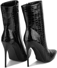 Load image into Gallery viewer, Fashion Patent Leather PU Stiletto Side Zipper Pointed Toe Black Ankle Boots