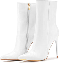 Load image into Gallery viewer, Fashion Patent Leather PU Stiletto Side Zipper Pointed Toe White Ankle Boots