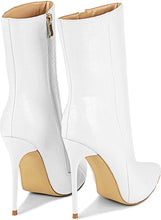 Load image into Gallery viewer, Fashion Patent Leather PU Stiletto Side Zipper Pointed Toe White Ankle Boots