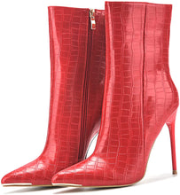 Load image into Gallery viewer, Fashion Patent Leather PU Stiletto Side Zipper Pointed Toe Red Ankle Boots