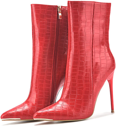 Fashion Patent Leather PU Stiletto Side Zipper Pointed Toe Red Ankle Boots