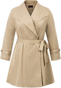 Lapel Trench Khaki Plus Size Coat Belted Lightweight Long Jacket