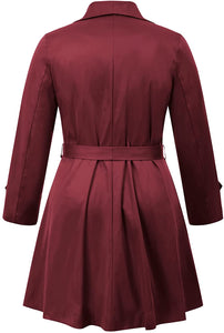 Lapel Trench Wine Red Plus Size Coat Belted Lightweight Long Jacket