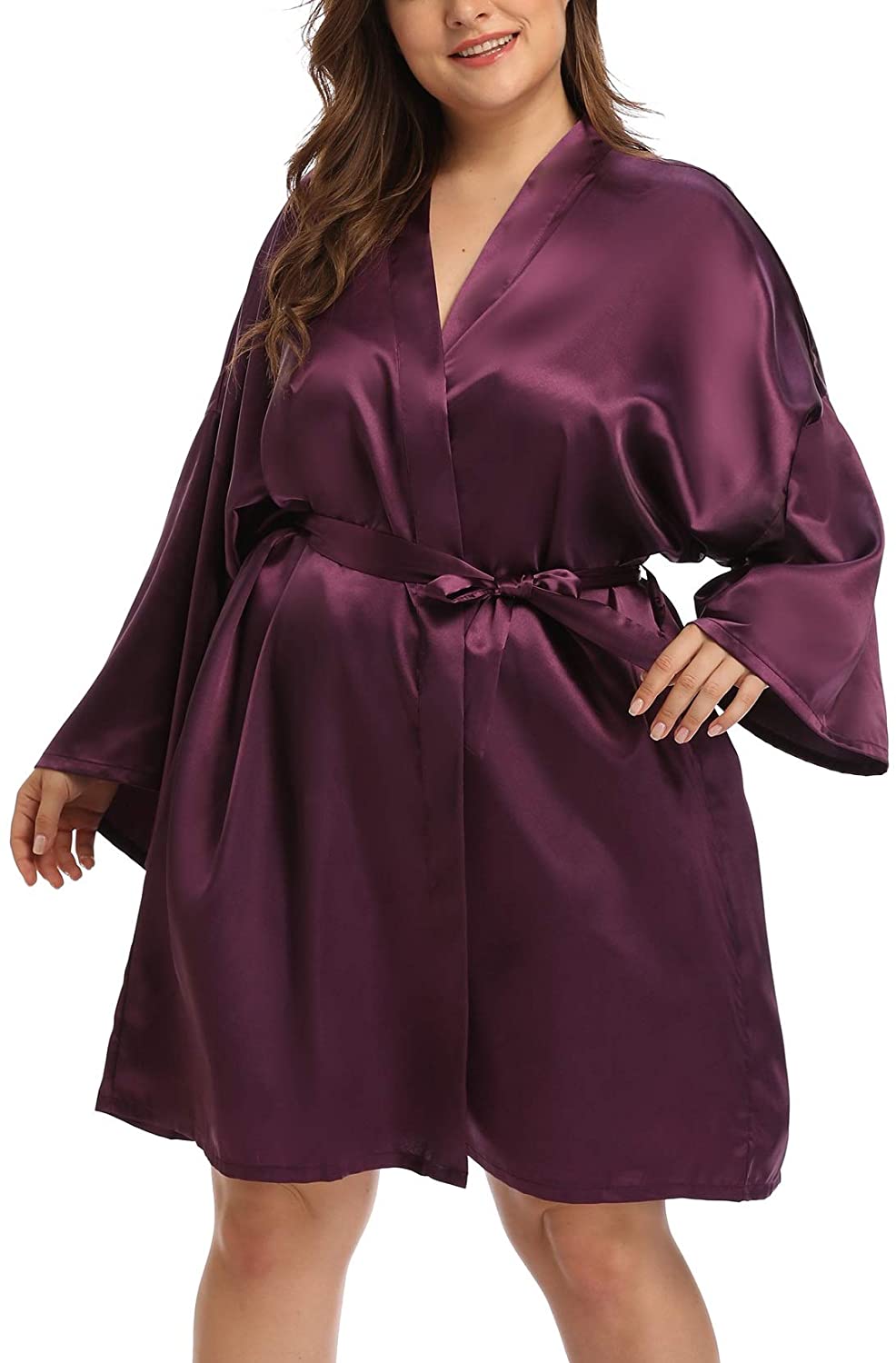 Plus Size Purple Kimono Sleeve Silk Robe
