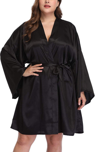 Plus Size Black Kimono Sleeve Silk Robe