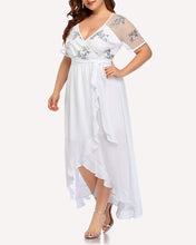 Load image into Gallery viewer, Ruffle Split White Low Chiffon Plus Size V Neck Maxi Dress