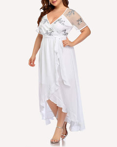 Ruffle Split White Low Chiffon Plus Size V Neck Maxi Dress