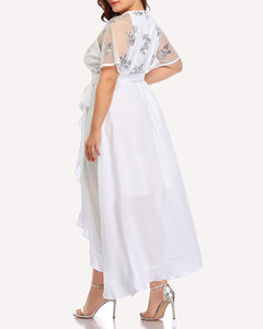 Ruffle Split White Low Chiffon Plus Size V Neck Maxi Dress