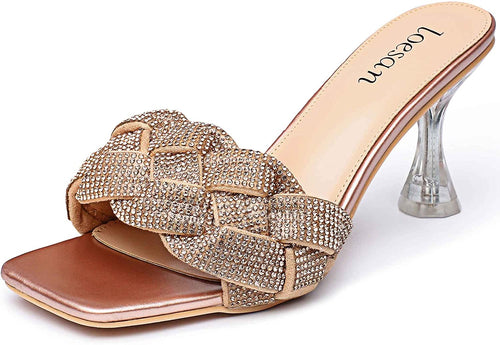 Rhinestone Braided Champagne Gold Open Toe High Heel Slippers