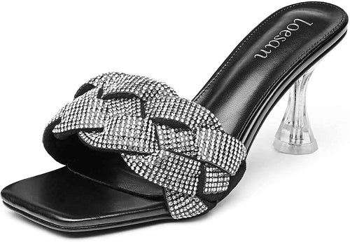 Rhinestone Braided Black Open Toe High Heel Slippers