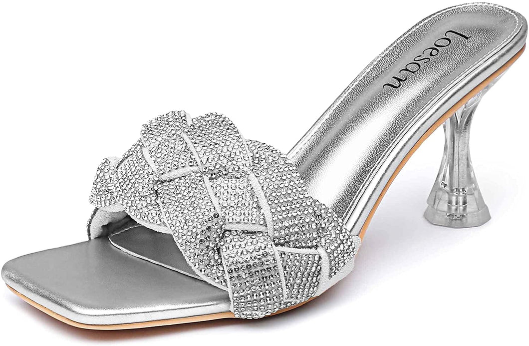 Rhinestone Braided Silver Open Toe High Heel Slippers