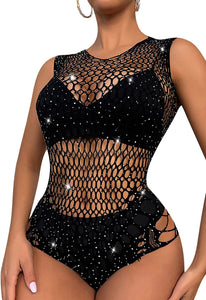 Sparkle Fishnet Black Rhinestone Leotard Babydoll Bodysuit