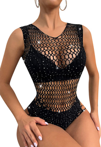 Sparkle Fishnet Black Rhinestone Leotard Babydoll Bodysuit