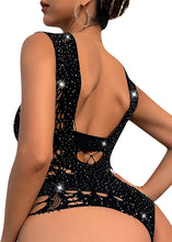 Load image into Gallery viewer, Sparkle Fishnet Black Rhinestone Leotard Babydoll Bodysuit