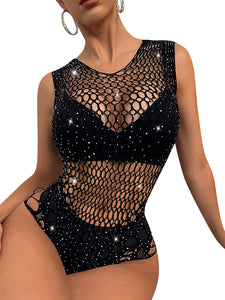 Sparkle Fishnet Black Rhinestone Leotard Babydoll Bodysuit