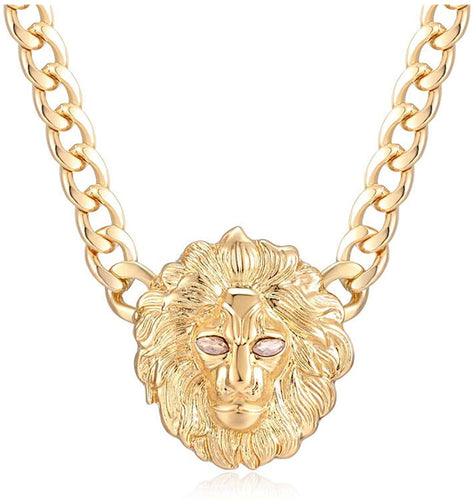 Women's Sparkly Alloy Gold Chunky Chain Statement Lion Head Necklace