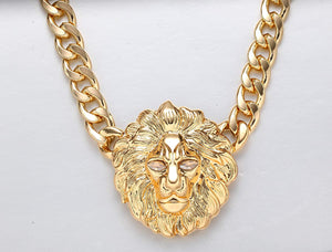 Women's Sparkly Alloy Gold Chunky Chain Statement Lion Head Necklace