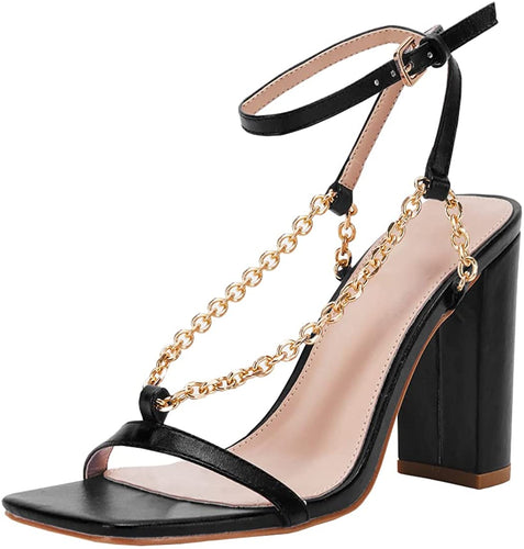 Square Open Toe Black Chain Ankle Strap Sandals