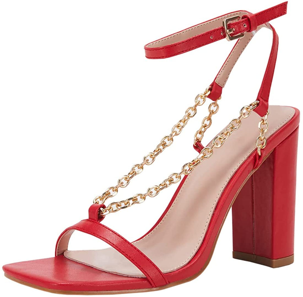 Square Open Toe Red Chain Ankle Strap Sandals