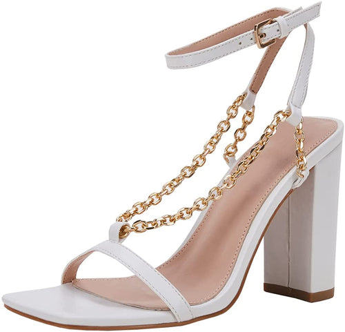 Square Open Toe White Chain Ankle Strap Sandals