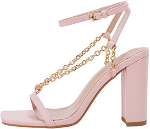Square Open Toe Pink Chain Ankle Strap Sandals