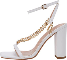 Load image into Gallery viewer, Square Open Toe White Chain Ankle Strap Sandals