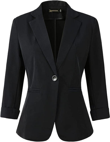 Black One Button 3/4 Sleeve Women's Dress Blazer