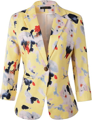 Women's Yellow Floral Printed 3/4 Sleeve Blazer