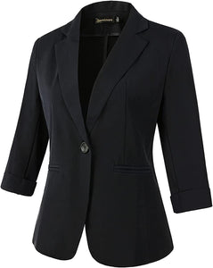 Black One Button 3/4 Sleeve Women's Dress Blazer